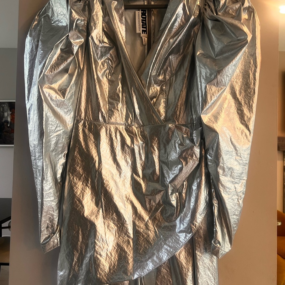 Metallic Silver Puff-Sleeve Wrap Jacket